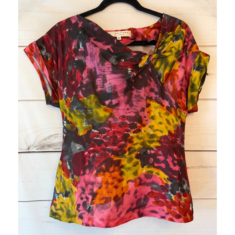 Trina Turk Silk Wool Abstract Watercolor Twist Neck Blouse Pink Yellow Small